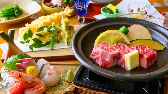 【舟盛り＋牛陶板〇グレードアップ＜あおい＞】魚もいいけど肉も食べたい！牛陶板に舟盛り・寿司付き〇通年